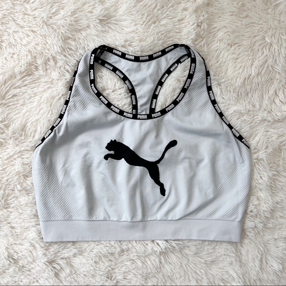 Puma grey sports bra black puma logo on chest racerback Puma spellout on…